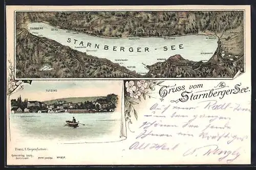 Lithographie Tutzing, Ortsansicht und Karte des Starnberger Sees