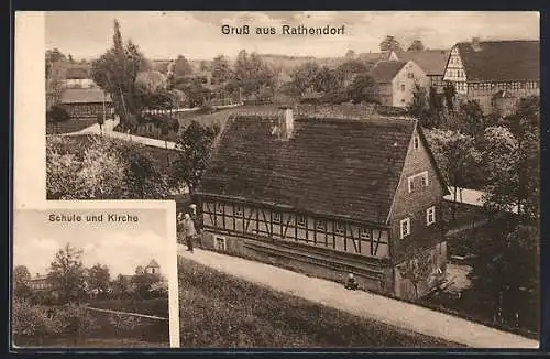 AK Rathendorf, Teilansicht aus der Vogelschau, Schule und Kirche