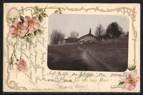 AK Ebenhof /bayr. Wald, Landstrasse im Rosen-Passepartout