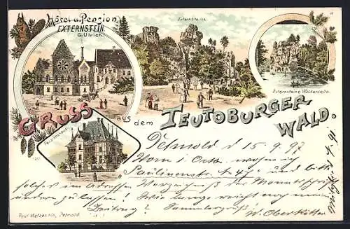 Lithographie Bad Meinberg /Teutoburger Wald, Hotel und Pension Externstein, Bes. G. Ulrich, Pensionshaus