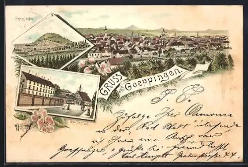 Vorläufer-Lithographie Goeppingen, 1895, Heilanstalt, Hohenstaufen und Totalansicht