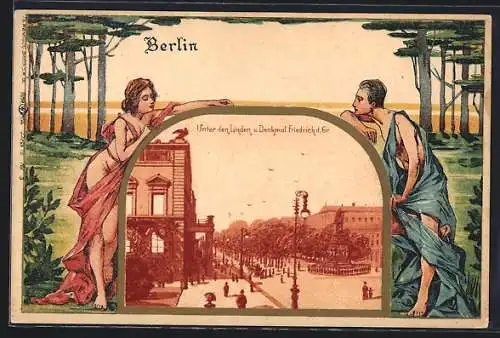 Lithographie Berlin, Unter den Linden und Denkmal Friedrich d. Gr., leicht bekleidetes Paar