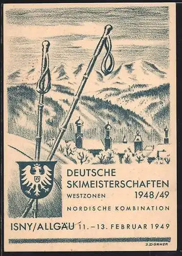 AK Isny /Allgäu, Deutsche Skimeisterschaften 1948/49, Skistöcke und Panorama