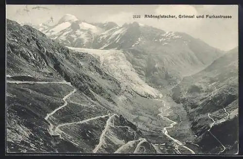 AK Rhonegletscher, Grimsel- und Furkastrasse aus der Vogelschau