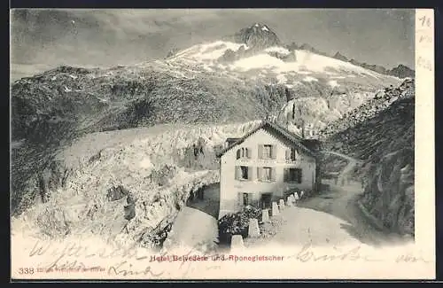 AK Rhonegletscher, Ansicht mit Hotel Belvedere u. Strasse