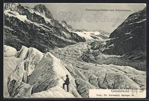 AK Grindelwald, Zäfenberggletscher und Schreckhorn, Bergsteiger mit Spitzhacke