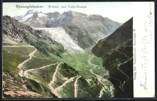 AK Rhonegletscher, Ansicht mit Grimsel- und Furka-Strasse