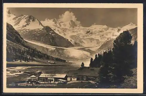 AK Roseg-Gletscher, Tschiervagletscher, Ansicht mit Gebäuden und Brücke