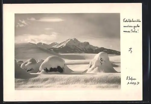 Foto-AK Adalbert Defner: Verschneite Alpenlandschaft, Weihnachts- und Neujahrsgrüsse