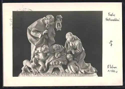 Foto-AK Adalbert Defner: Heilige Familie, Schnitzerei, Weihnachtsgruss