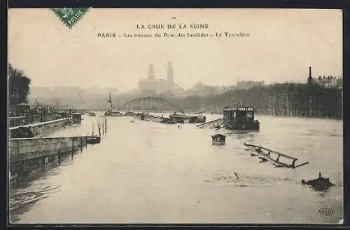 AK Paris, Crue de la Seine 1910, Les travaux du pont des Invalides, le Trocadéro