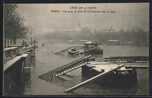 AK Paris, Vue prise du Pont de la Concorde sous la neige, Anlegestellen bei Hochwasser