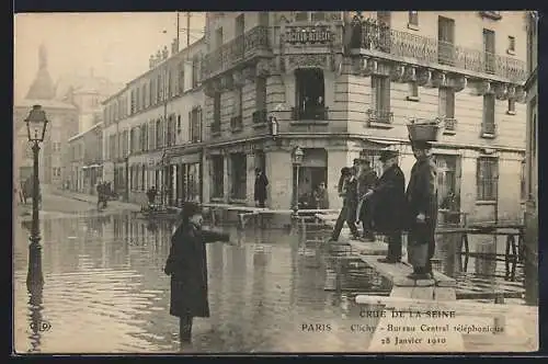 AK Paris-Clichy, Crue de la Seine, Bureau Central téléphonique, Hochwasser