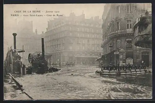 AK Paris, Crue de la Seine, Janvier 1910, Gare Saint-Lazare, Cour de Rome, Hochwasser