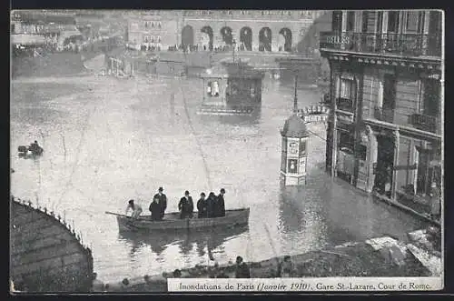 AK Paris, gare St-Lazare et cour de Rome, Inondations de Janvier 1910, Hochwasser