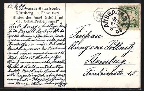 AK Nürnberg, Hochwasserkatastrophe 5. Februar 1909, Hinter der Insel Schütt mit der Schafft`schen Insel