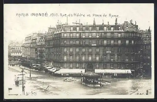 AK Paris, Inondation 1910, Rue du Hâvre et Place de Rome