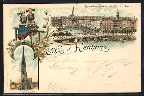 Lithographie Hamburg, Reesendammsbrücke und Alsterarkaden, Nicolaikirche