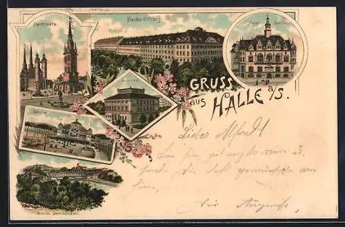 Lithographie Halle / Saale, Bahnhof, Universität, Franke-Stiftung