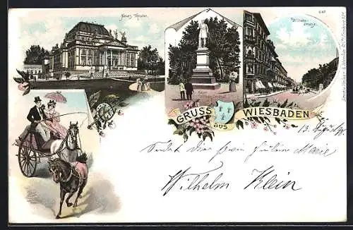 Lithographie Wiesbaden, Neues Theater, Kaiser Wilhelm Denkmal, Wilhelmstrasse