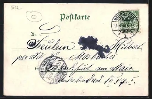Lithographie Wiesbaden, Neues Theater, Kaiser Wilhelm Denkmal, Wilhelmstrasse