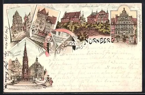 Lithographie Nürnberg, Toppler-Haus, Nassauer-Haus, Peller-Haus, Germanisches Museum, Schöner Brunnen, Verstandstrichter