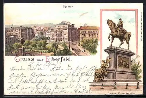 Lithographie Elberfeld, Theater, Denkmal Kaiser Wilhelm I. um 1900