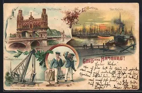 Lithographie Hamburg-Rothenburgsort, Elbe mit Elbbrücke, Hafen im Dämmerungslicht, Riesenkrahn