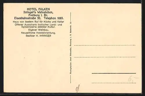 AK Freiburg i. Br., Hotel Falken & Ihringer`s Weinstuben, Hans Thoma-Stüble, Eisenbahnstrasse 32