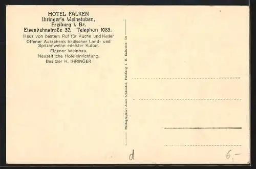 AK Freiburg i. Br., Hotel Falken & Ihringer`s Weinstuben, Bad. Trachtenstube, Eisenbahnstrasse 32