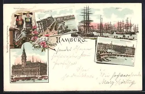 Lithographie Hamburg, Alster-Arkaden aus der Vogelschau, Hafen mit Schiffe, Rathaus