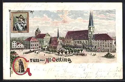 Lithographie Alt-Oetting, Blick über den Platz auf die Kirche