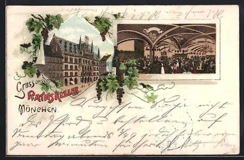 Lithographie München, Gasthaus Ratskeller, Innenansicht