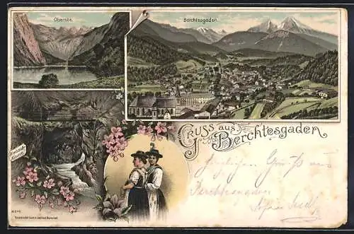 Lithographie Berchtesgaden, Almbach-Klamm, Obersee, Ortsansicht, Frauen in Tracht