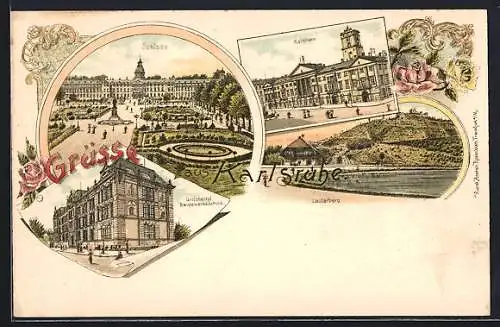 Lithographie Karlsruhe, Schloss, Rathaus, Grossherzogliche Baugewerkeschule