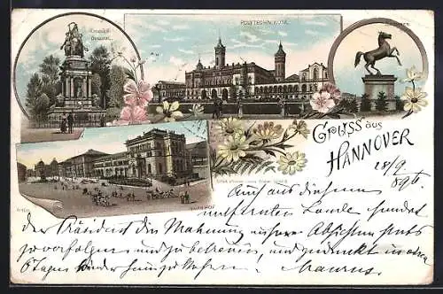 Lithographie Hannover, Polytechnikum, Sachsen-Ross, Kriegerdenkmal, Bahnhof