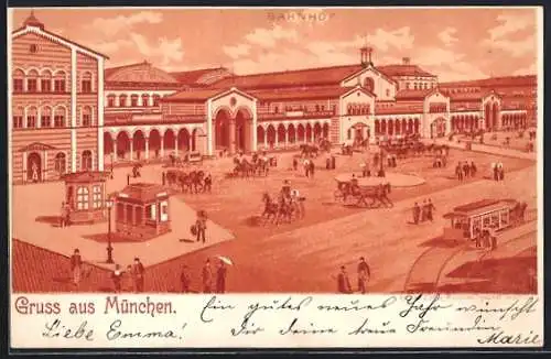 Lithographie München, Hauptbahnhof mit Pferdebahn