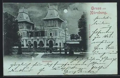 Mondschein-AK Nürnberg, Stadtpark mit Turmgebäude