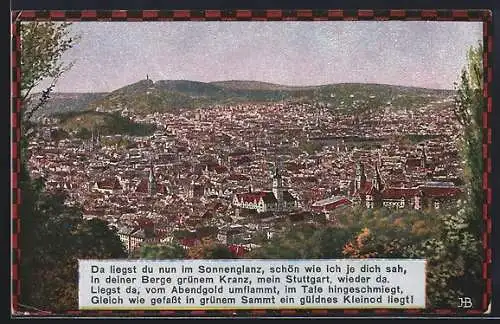 Künstler-AK Karl Feiertag: Stuttgart, Gesamtansicht aus der Vogelschau, Gedicht