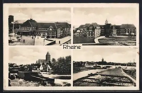 AK Rheine, Bahnhof mit Vorplatz, Partie an der Schleuse, Mathias-Hospital