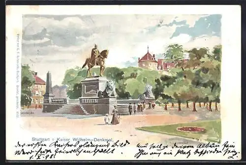 Lithographie Stuttgart, Parkpartie am Kaiser-Wilhelm-Denkmal