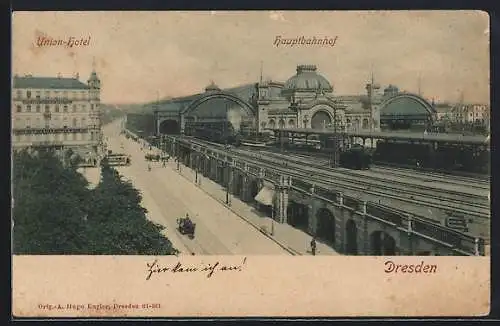 AK Dresden, Hauptbahnhof und Union-Hotel