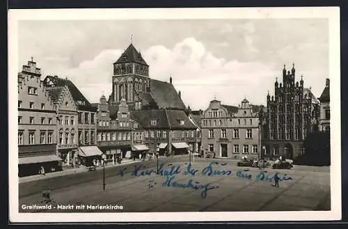 AK Greifswald, auf dem Marktplatz, Blick zur Marienkirche