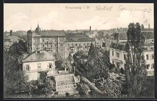 AK Freiburg i. Br., Teilansicht mit Hotel Sommer aus der Vogelschau