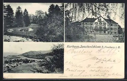 AK Freiburg i. Br., Kurhaus Jesuitenschloss, Gebäude, Gartenpartie mit Teich