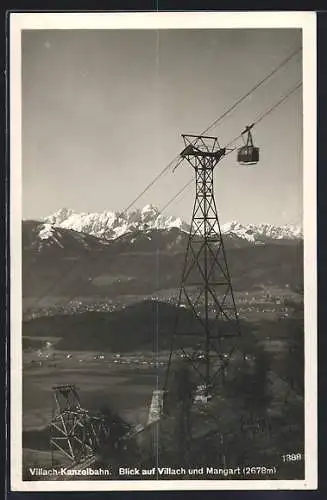 AK Villach-Kanzelbahn, Blick auf die Stadt und Mangart, Gondel