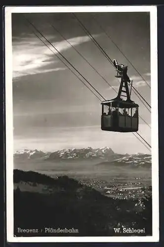 AK Bregenz, Pfänderbahn, Seilbahn und Alpenpanorama