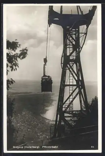 AK Bregenz, Pfänderbahn, Seilbahngondel beim Masten