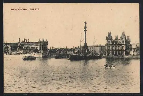AK Barcelona, Puerto, Hafen mit Dampfer und Gebäudeansicht