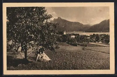 AK Mondsee, Ortsansicht mit See und Schafberg